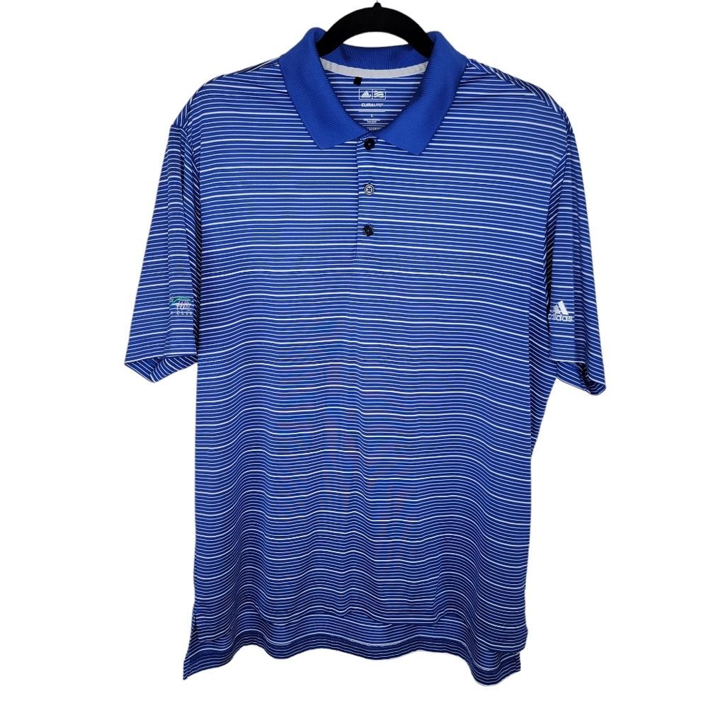 Adidas ClimaLite Blue Striped Golf Polo Shirt Size Large Lake Hills Golf Club